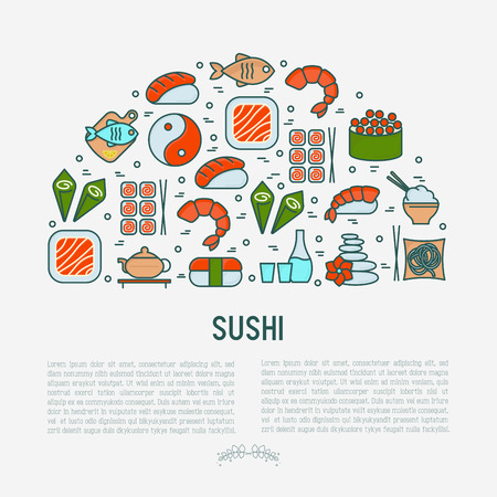 Japanese food concept in half circle with thin line icons of sushi, noodles, tea, rolls, shrimp, fish, sake. Vector illustration for banner, web page or print media.のイラスト素材