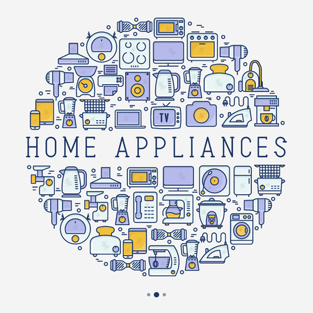 Home appliances concept in circle with thin line icons: refrigerator, coffee machine, microwave, fryer and place for text. Household vector illustration for banner, web page, print media.のイラスト素材