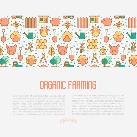 Organic farming concept with thin line icons of animals, tools and symbols for eco products, farming flyers and banners. Agriculture vector illustration for web page, print media.のイラスト素材