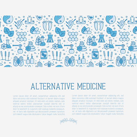 Alternative medicine concept with thin line icons. Vector illustration of banner, print media or web site for yoga, acupuncture, wellness, ayurveda, chinese medicine, holistic center.のイラスト素材