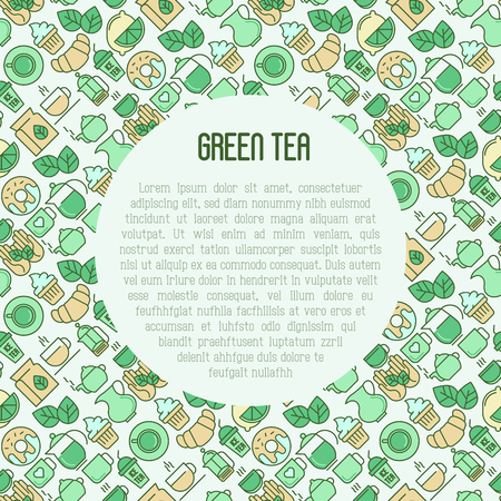 Green tea ceremony and sale of tea beverages concept with thin line icons. Vector illustration for web page, banner and print media.のイラスト素材