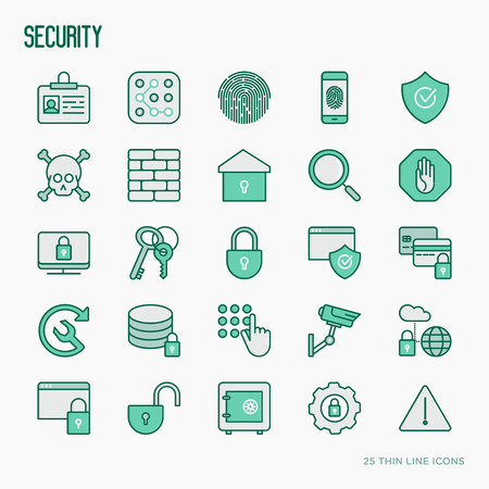 Security and protection thin line icons: data, surveillance camera, finger print, electronic key, password, alarm, safe. Vector illustration.のイラスト素材