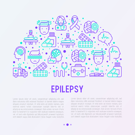 Epilepsy concept in half circle with thin line icons of symptoms and treatments: convulsion, disorder, dizziness, brain scan. World epilepsy day. Vector illustration for banner, web page, print media.のイラスト素材