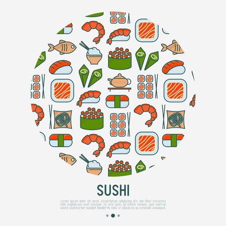 Japanese food circle concept with thin line icons of sushi, noodles, tea, rolls, shrimp, fish, sake. Vector illustration for banner, web page or print media.のイラスト素材