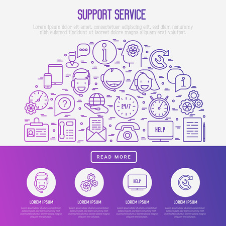 Support service concept in half circle with thin line call center or customer service icons. Vector illustration for banner, web page of support center with place for text.のイラスト素材