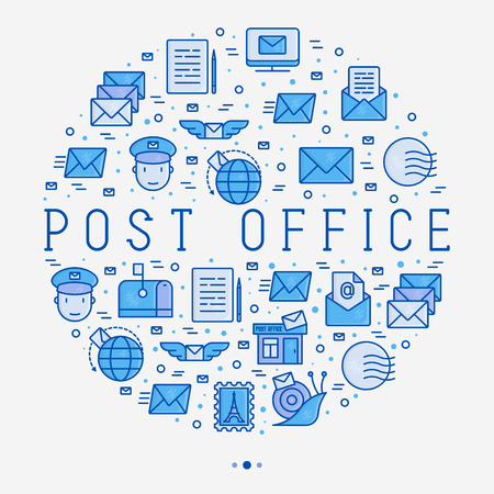 Post office concept in circle with thin line icons. Symbols of shipping, delivery, packaging. Vector illustration for banner, web page, print media.のイラスト素材