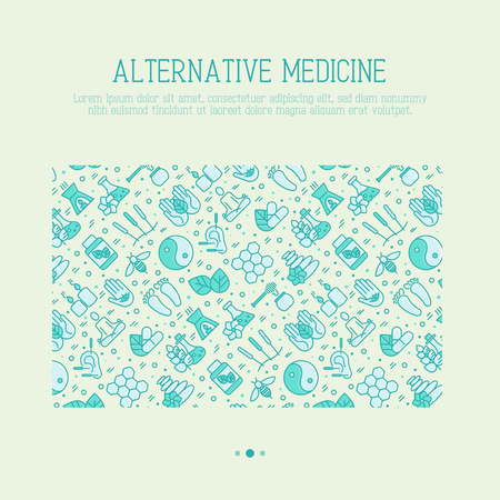 Alternative medicine concept with thin line icons. Vector illustration of banner, print media or web site for yoga, acupuncture, wellness, ayurveda, chinese medicine, holistic center.のイラスト素材