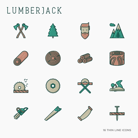 Logging and lumberjack with beard and related thin line icons: jack-plane, sawmill, forestry equipment, timber, lumber. Vector illustration.のイラスト素材