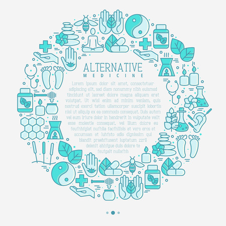 Alternative medicine concept in circle with thin line icons. Vector illustration of banner, print media or web site for yoga, acupuncture, wellness, ayurveda, chinese medicine, holistic center.のイラスト素材