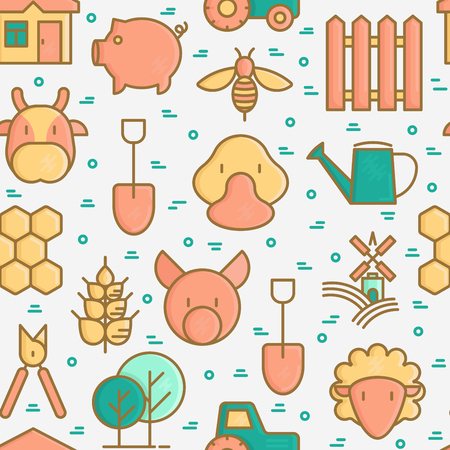 Organic farming seamless pattern with thin line icons of animals, tools and symbols for eco products, farming flyers and banners. Agriculture vector illustration for web page, print media.のイラスト素材