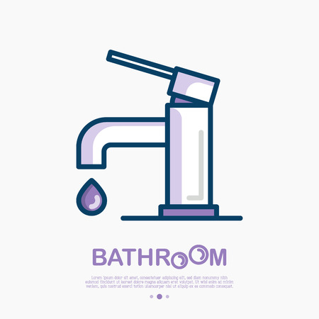 Faucet thin line icon with water drop. Modern vector illustration for icon of plumber, bathroom equipment shop.のイラスト素材