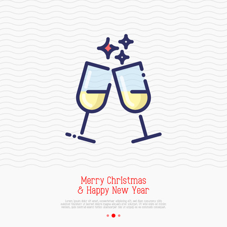Two glasses of champagne thin line icon. Vector illustration of party, Christmas and New Year symbol.のイラスト素材