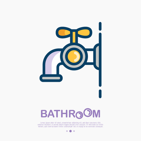 Faucet thin line icon with water drop. Modern vector illustration for icon of plumber, bathroom equipment shop.のイラスト素材