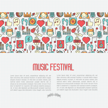 Music festival concept with thin line icons DJ in headphones, vinyl player, disco ball, microphone, tickets. Vector illustration for banner, web page, flyer.のイラスト素材