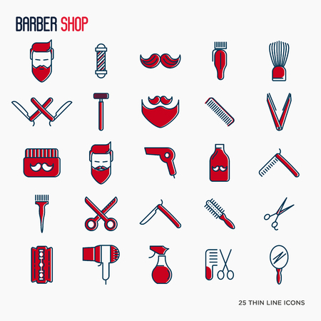 Barber shop thin line icons set contains of bearded men, mustache, scissors, shaving accessories. Vector illustration for web page, banner, print media.のイラスト素材