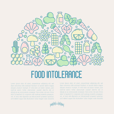 Food intolerance concept with thin line icons of common allergens (gluten, lactose, soy, corn and more), sugar and trans fat, vegetarian and organic symbols. Vector illustration.のイラスト素材