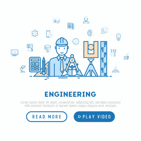 Engineer at work concept with thin line icons: electronics, calculations, tools, repair, idea, it server. Modern vector illustration, web page template.のイラスト素材