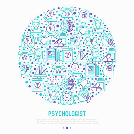 Psychologist concept in circle with thin line icons: psychiatrist, disease history, armchair, pendulum, antidepressants, psychological support. Vector illustration for banner, web page, print media.のイラスト素材