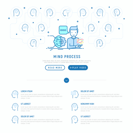 Mind process concept with thin line icons: intelligence, passion, conflict, innovation, time management, exploration, education, logical thinking. Modern vector illustration, web page template.のイラスト素材