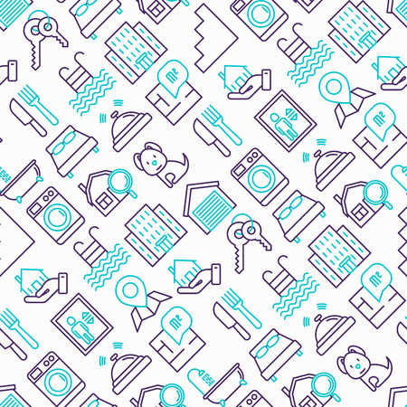 Real estate seamless pattern with thin line icons: apartment house, bedroom, keys, elevator, swimming pool, bathroom, facilities. Modern vector illustration.のイラスト素材