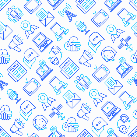 Communication seamless pattern with thin line icons: e-mail, newspaper, letter, chat, tv, support, video call, microphone. Modern vector illustration.のイラスト素材