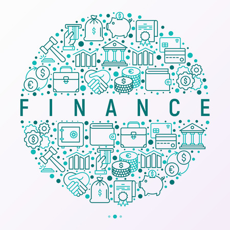 Finance concept in circle with thin line icons: safe, credit card, piggy bank, wallet, currency exchange, hammer, agreement, handshake, atm slot. Modern vector illustration for web page, print media.のイラスト素材