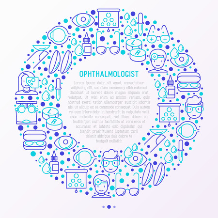 Ophthalmologist concept in circle with thin line icons: glasses, eyeball, vision exam, lenses, eyedropper, spectacle case. Modern vector illustration for banner, print media, web page.のイラスト素材