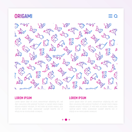 Origami concept with thin line icons: penguin, camel, fox, bear, sparrow, fish, mouse, bird, elephant, kangaroo, hare, seal, raccoon. Modern vector illustration for workshop with place for text.のイラスト素材