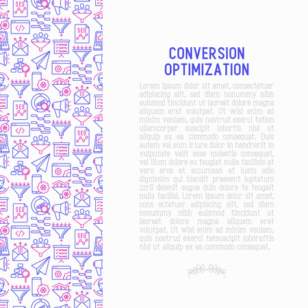 Conversion optimization concept with thin line icons: marketing, customer management, SEO technology, website promotion, visitors, sales funnel, web traffic. Modern vector illustration.のイラスト素材