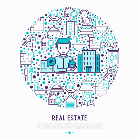 Real estate concept in circle: realtor showing apartment house and thin line icons:  bedroom, keys, elevator, swimming pool, bathroom, facilities. Modern vector illustration.のイラスト素材