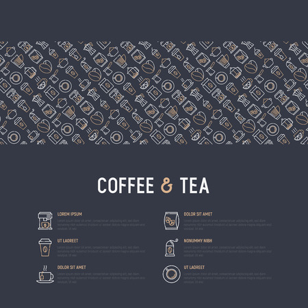 Coffee and tea concept with thin line icons: take away paper cups, cezve, coffee machine, teapot, cappuccino, cup, tea with lemon, grinder. Modern vector illustration for web page, print media.のイラスト素材