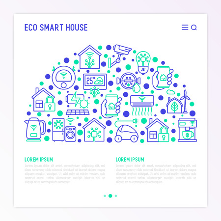 Eco smart house concept in half circle with thin line icons: solar battery, security, light settings, appliances, artificial intelligence, mobile app control. Energy saving vector illustration.のイラスト素材