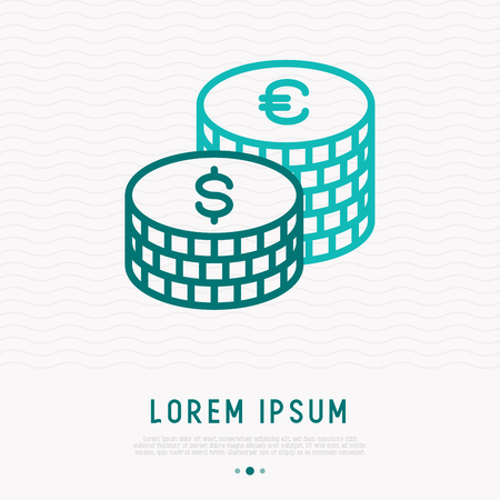 Two stacks of dollar and euro coins thin line icons. Modern vector illustration.のイラスト素材