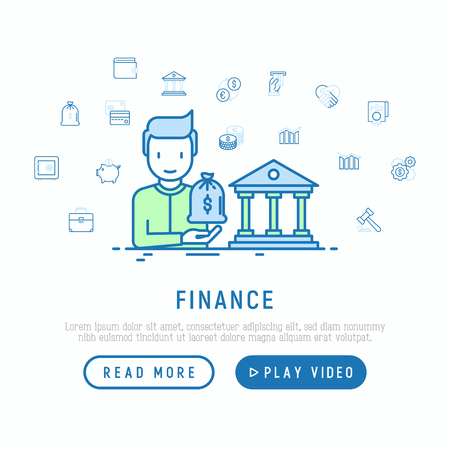 Finance concept: man with bag of gold near court. Thin line icons around: safe, credit card, piggy bank, wallet, currency exchange, agreement, handshake, atm slot. Modern vector illustration.のイラスト素材