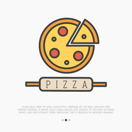 Pizza logo with thin line icons for menu design of restaurant or pizzeria. Vector illustration.のイラスト素材