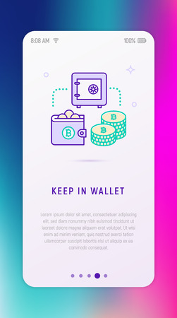 Keep currency in virtual wallet concept: safe and wallet with cryptocurrency. Modern vector illustration for user interface.のイラスト素材
