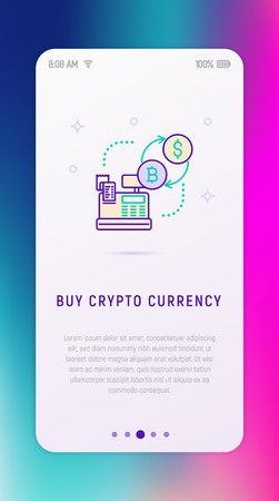 Buy cryptocurrency concept: cash machine, bitcoin, dollar thin line icons. Modern vector illustration for user interface.のイラスト素材