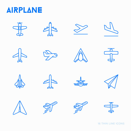 Airplane thin line icons set: agricultural aircraft, passenger's plane, military aviation, paper plane. Top, side, front views. Modern vector illustration.のイラスト素材