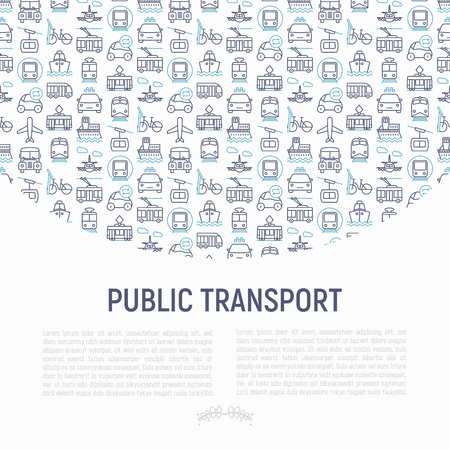 Public transport concept with thin line icons: train, bus, taxi, ship, ferry, trolleybus, tram, car sharing. Front and side view. Modern vector illustration for banner, web page, print media.のイラスト素材