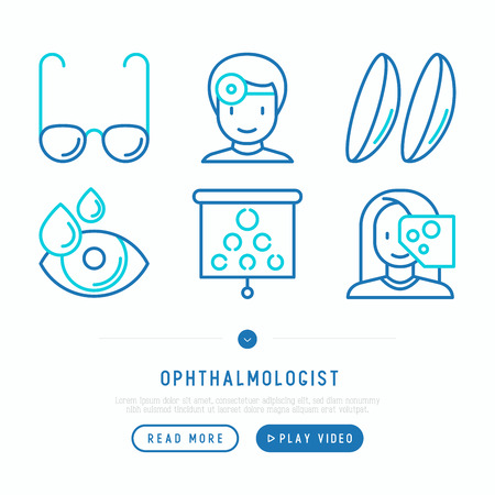 Ophthalmologist thin line icons set: glasses, vision exam, lenses, eyedropper. Modern vector illustration, web page template.のイラスト素材