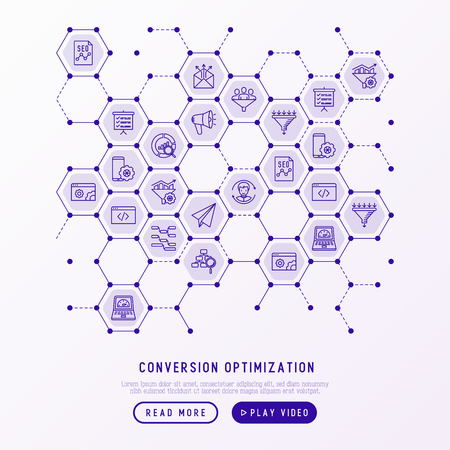 Conversion optimization concept in honeycombs with thin line icons: marketing, SEO technology, website promotion, visitors, sales funnel, web traffic. Modern vector illustration for banner, web page.のイラスト素材
