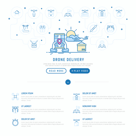 Drone delivery concept with thin line icons: quadcopter, flying drone with package, remote control in hands. Modern vector illustration of innovative transport, web page template.のイラスト素材