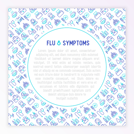 Flu and symptoms concept thin line icons: temperature, runny nose, bed rest, pills, doctor with stethoscope, nasal drops, cough, phlegm in the lungs. Modern vector illustration for medical report.のイラスト素材