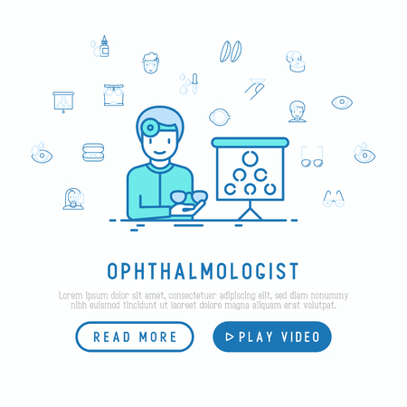 Ophthalmologist with glasses and board for vision exam concept. Modern vector illustration with thin line icons, web page template.のイラスト素材