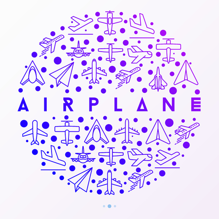 Airplane concept in circle with thin line icons: agricultural aircraft, passenger's plane, military aviation, paper plane. Top, side, front views. Modern vector illustration for print media, web page.のイラスト素材
