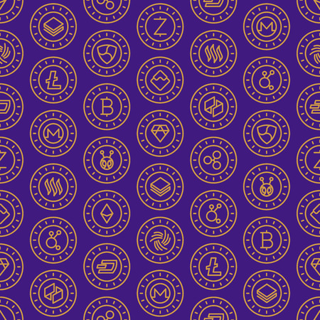Cryptocurrency seamless pattern with thin line icons: Bitcoin; Ethereum; Ripple; Litecoin; Dash; NEM; ubiq; IOTA; Monero. Modern vector illustration.のイラスト素材