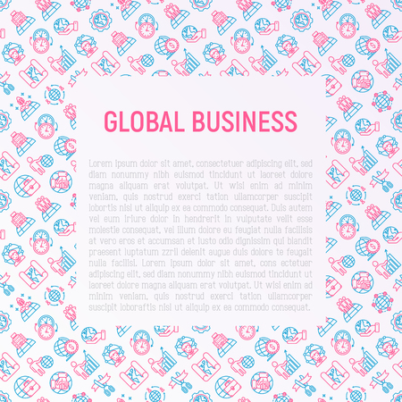 Global business concept with thin line icons: investment, outsourcing, agreement, transactions, time zone, headquarter, start up, opening ceremony. Modern vector illustration for web page, print mediaのイラスト素材