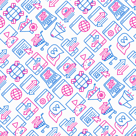 Web traffic seamless pattern with thin line icons: SEO technology, data exchange, sync, click, mobile backup, traffic speed, sales growth. Modern vector illustration.のイラスト素材