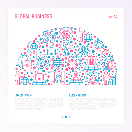 Global business concept in half circle with thin line icons: investment, outsourcing, agreement, transactions, time zone, headquarter, start up. Vector illustration, web page template.のイラスト素材