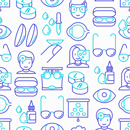 Ophthalmologist seamless pattern with thin line icons: glasses, eyeball, vision exam, lenses, eyedropper, spectacle case. Modern vector illustration.のイラスト素材